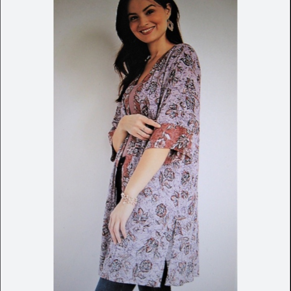 Maurices Floral Kimono Long Length Purple Brown Border Print Size 0X - Picture 3 of 15